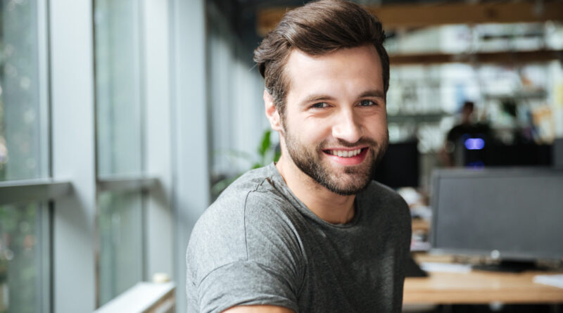 Handsome Smiling Young Man Sitting Office Coworking