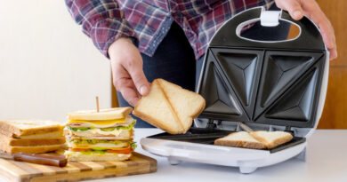 Hand Holds Fried Slice Bread From Toster Near Cooked Fresh Sandwich With Cheese Bacon Vegetable