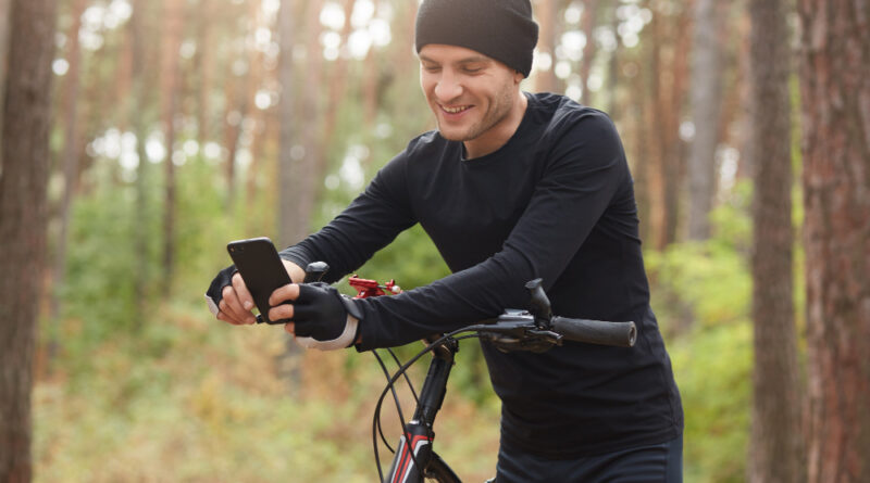 Picture Happy Delighted Man Posing Forest Alone With Bicycle