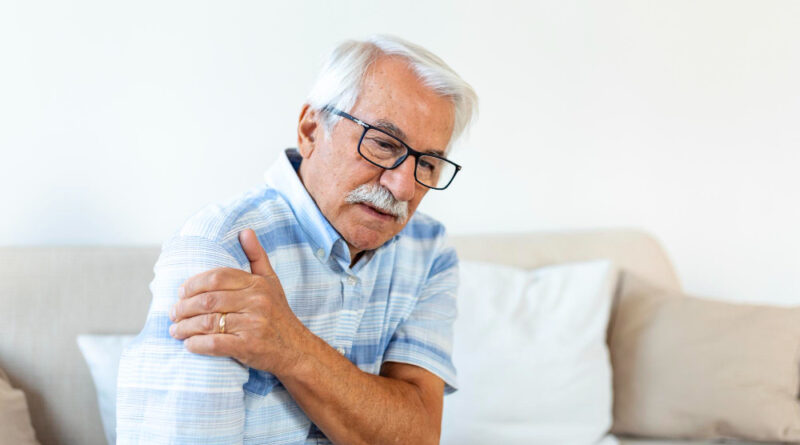 Old Senior Man With Shoulder Pain Upset Senior Elder Man Feel Sudden Back Pain Muscles Ache Tension Injury Home Grandfather Touching Shoulder Having Osteoarthritis Arthritis