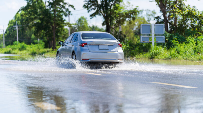 Car Driving Flood Water Some Flooded Area Thailand