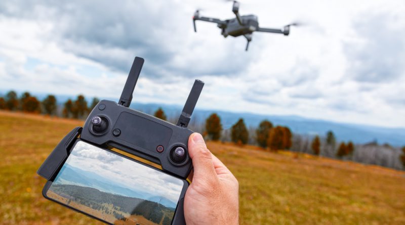 Landscaping Drone Young Man Holds His Hand Quadrocopter Control Panel With Monitor Image Mountains