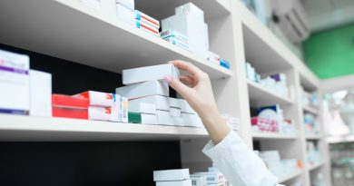 Closeup View Pharmacist Hand Taking Medicine Box From Shelf Drug Store