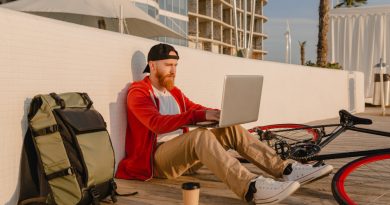 Handsome Hipster Style Bearded Man Working Online Freelancer Laptop With Backpack Bicycle Active Lifestyle Traveler Backpacker
