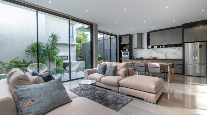 Interior home design living room with open kitchen loft house